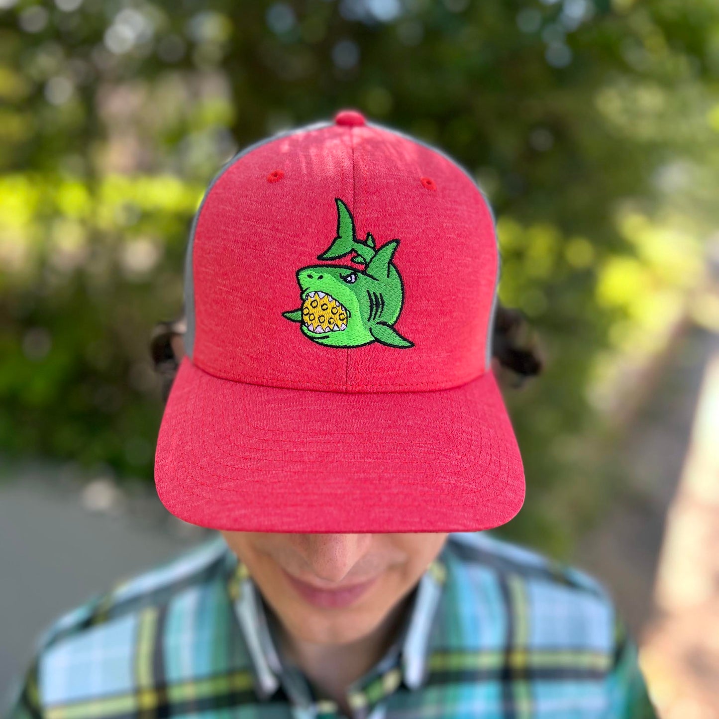 Pickle Shark Trucker Cap (unisex) / Red Heather and Gray