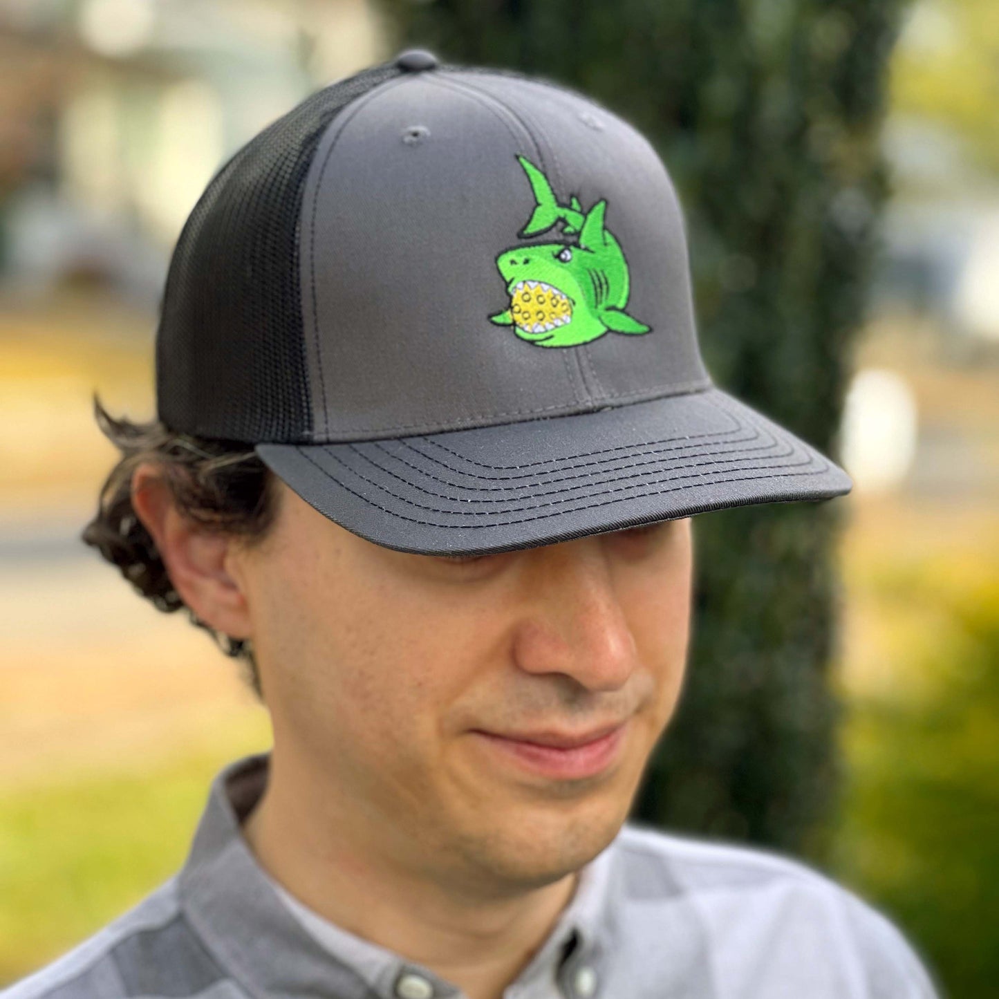 Pickle Shark 6 Panel Mid Profile Mesh Back Trucker Hat (unisex)