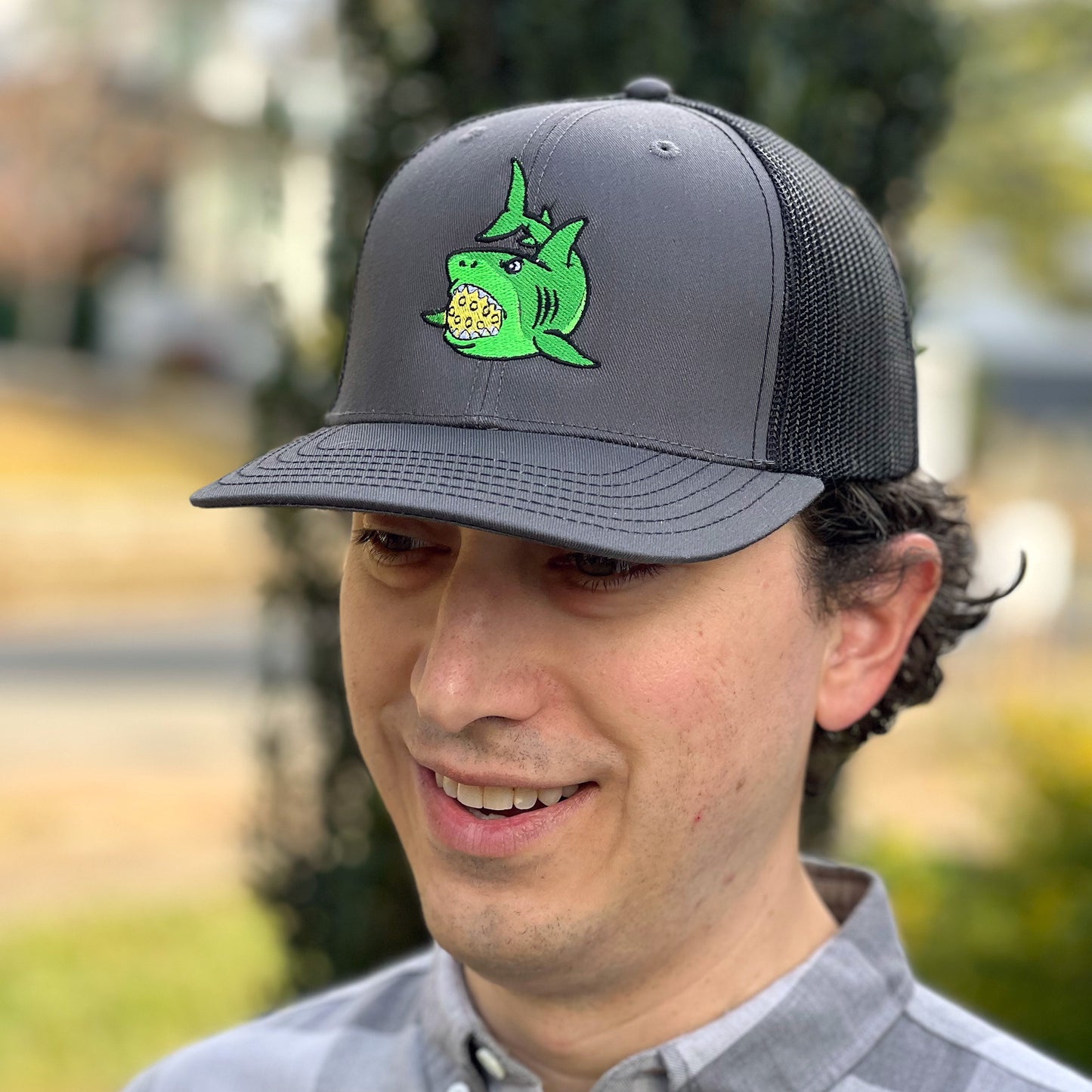 Pickle Shark 6 Panel Mid Profile Mesh Back Trucker Hat (unisex)